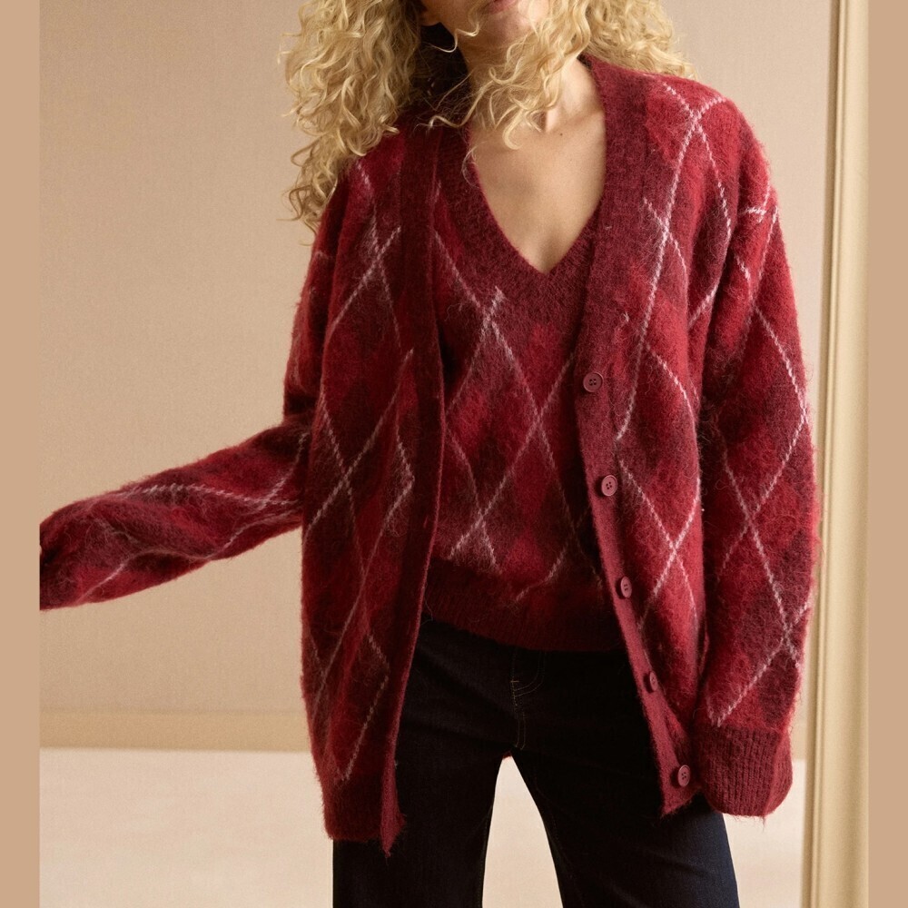 Red / White Argyle Fuzzy Knit Cardigan and V Neck Sweater Vest Set